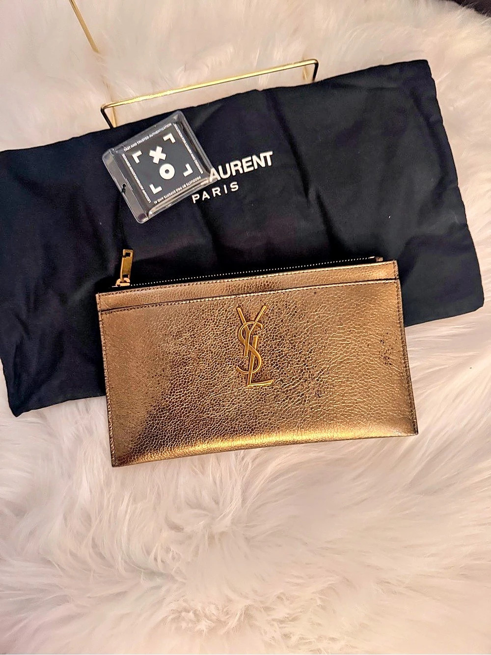 Saint Laurent (YSL) Metallic Gold Leather Pouch/Bill Wallet/ Clutch - Picture 3 of 12